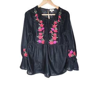 4OUR DREAMERS Black Velvet Red Pink Floral Embroidery Bell Sleeve Soft Top SZ M